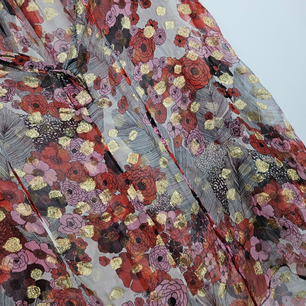 Alexander McQueen Silk Sheer Floral Blouse Maroon Gold Metallic Ruffle Peasant - Picture 2 of 11